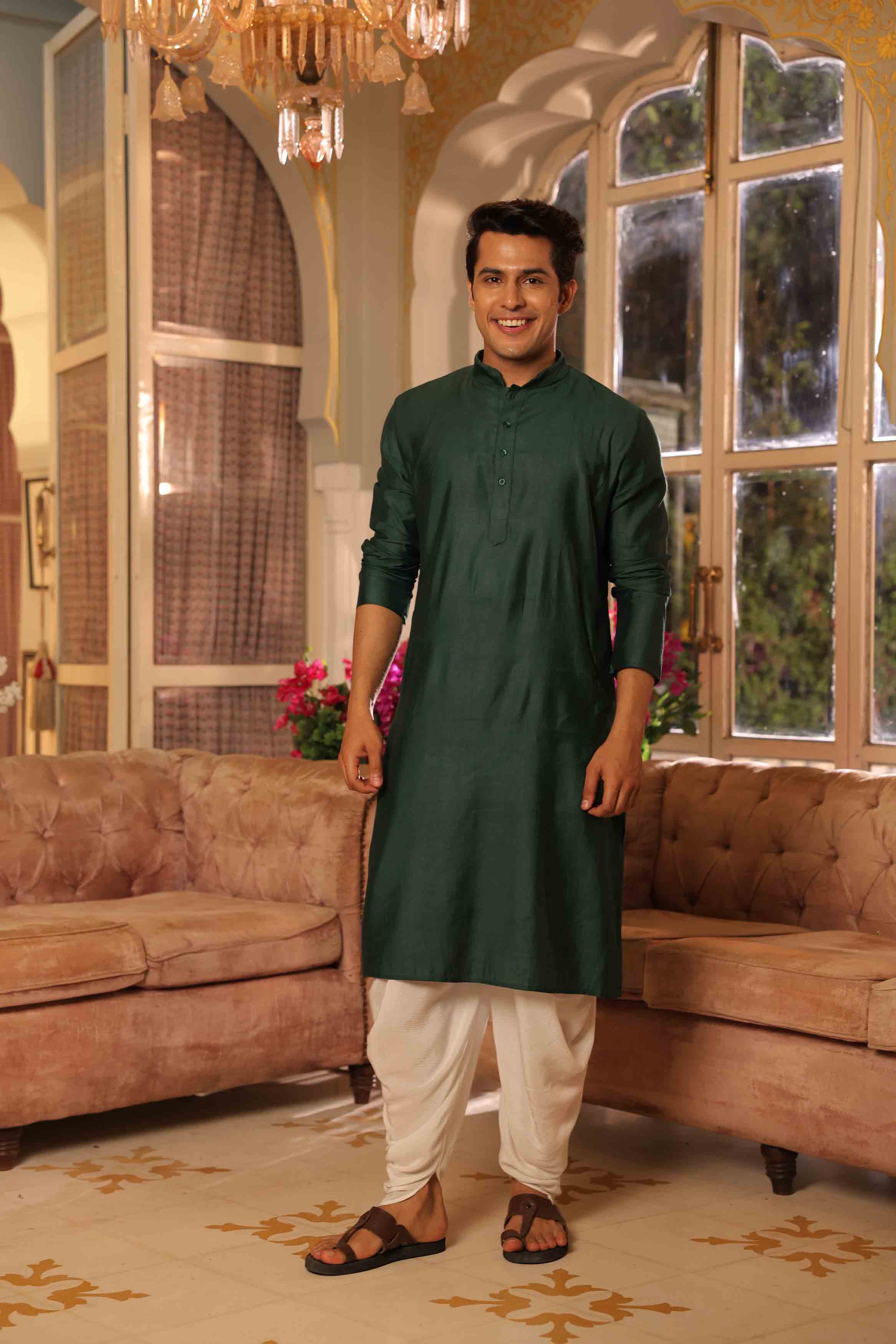 Bottle Green Viscose Solid Kurta